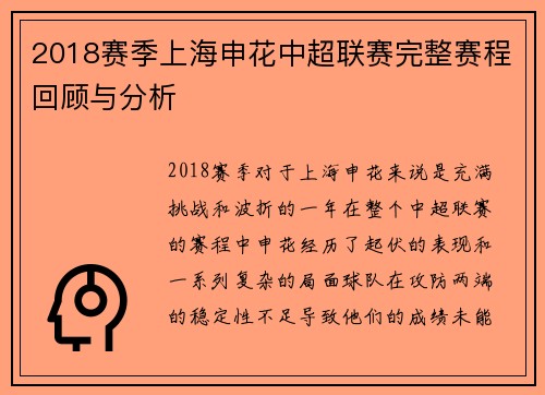 2018赛季上海申花中超联赛完整赛程回顾与分析