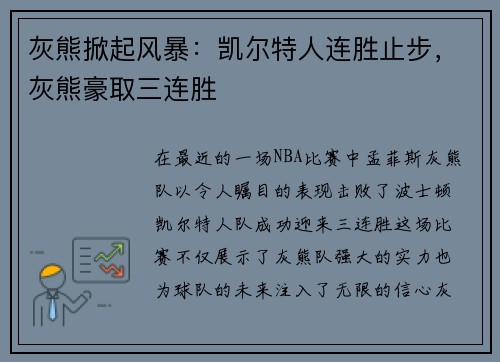 灰熊掀起风暴：凯尔特人连胜止步，灰熊豪取三连胜